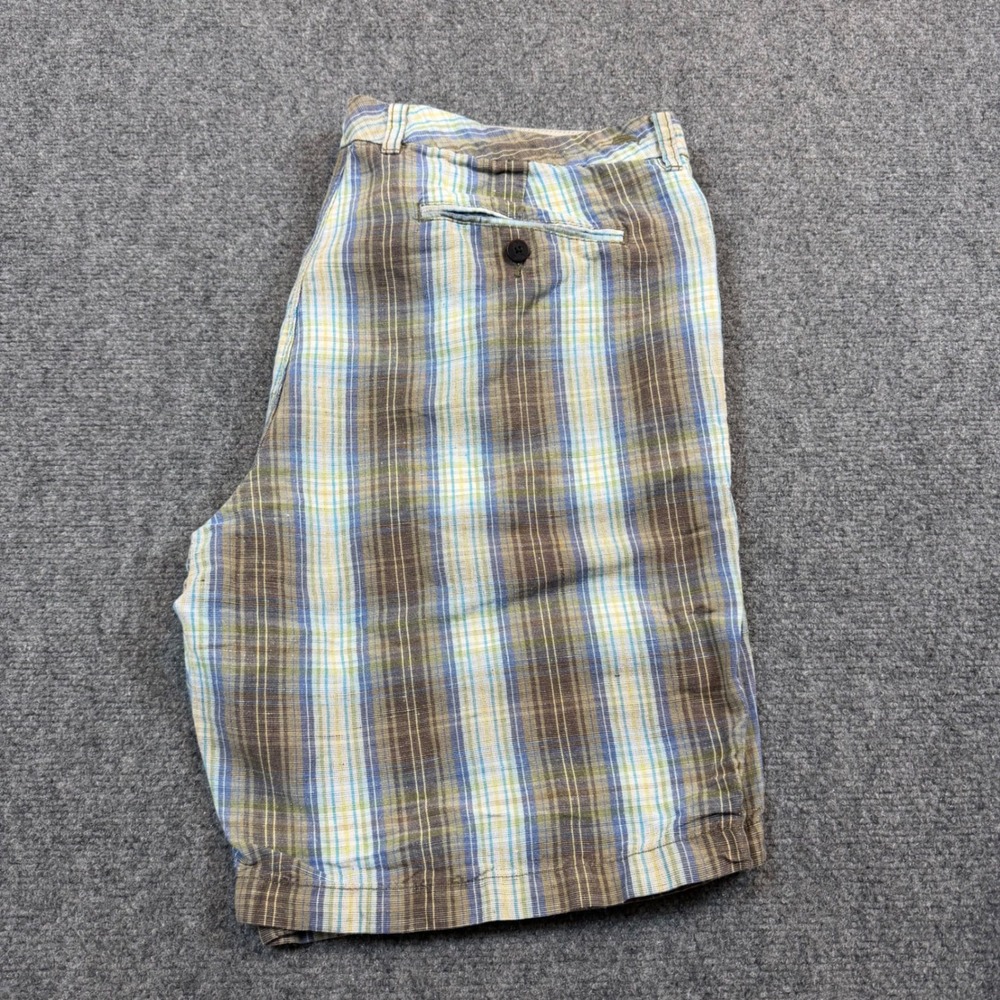 Tommy Bahama Mens 38 Plaid Shorts Linen Tencel Blend Blue Green Weekend